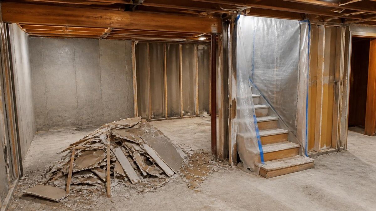 A basement gutted to the studs with a plastic dust barrier at the stairs and debris piled on the floor